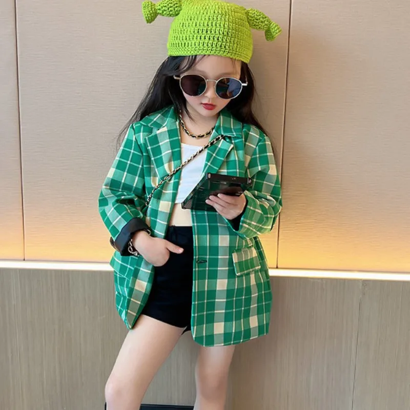 

Пальто для маленьких девочек, весна/лето, новый стиль, детское повседневное свободное пальто в зеленую клетку, 2, 4, 6, 8, 10, 12 лет