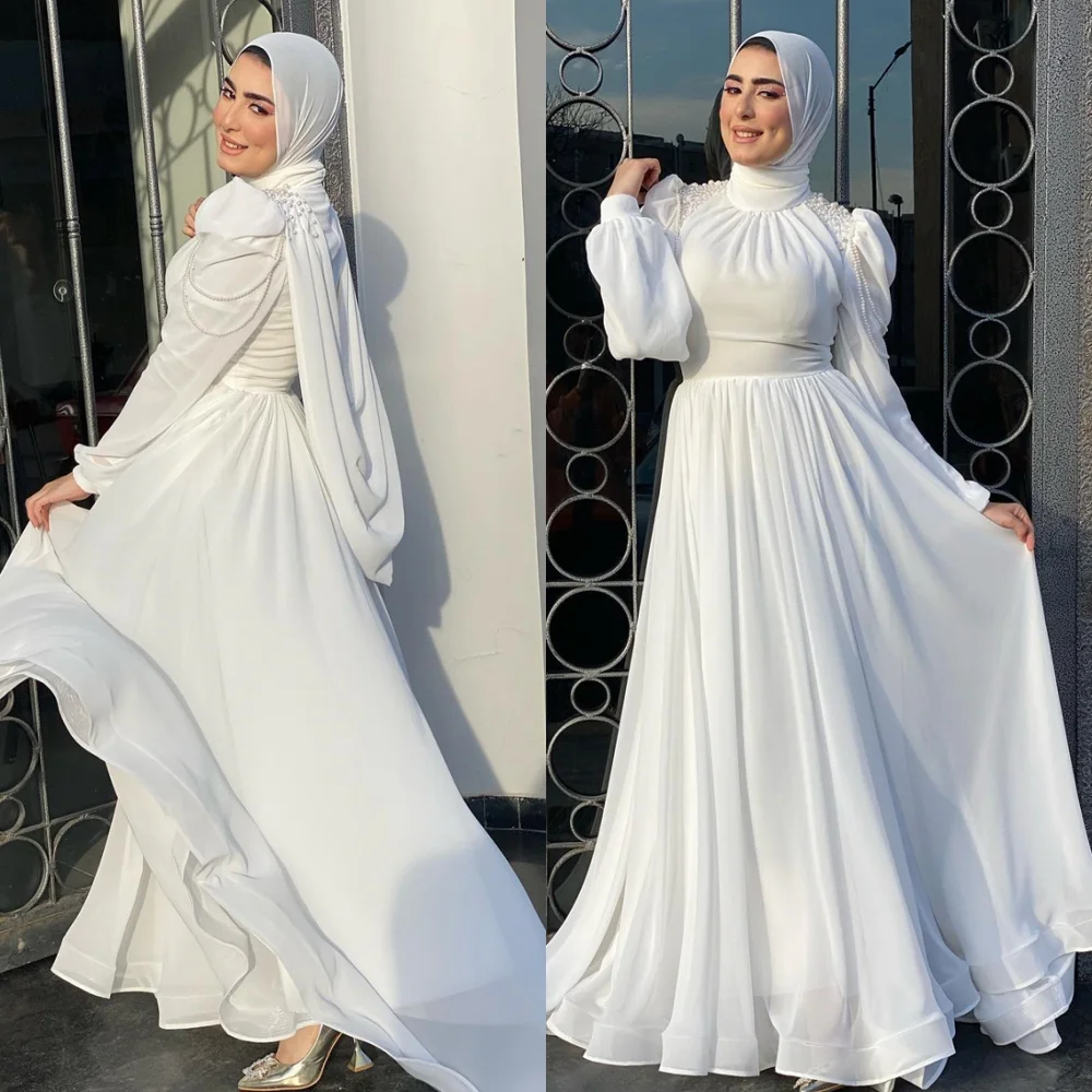 

Customized Temperament White Chiffon Evening Dress Exquisite Long Sleeves Homecoming Dress Delicate Bespoke Occasion Gowns