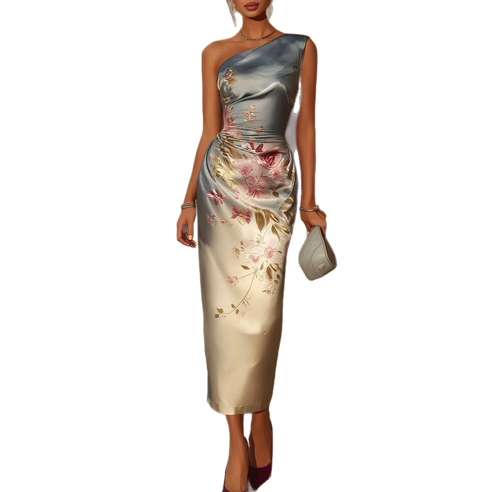 Prom Dress Wedding Guest Elegant Party Long Satin Printed Maxi Dress One Shoulder Gradient Color Ruched Waist Evening Dress - view 5