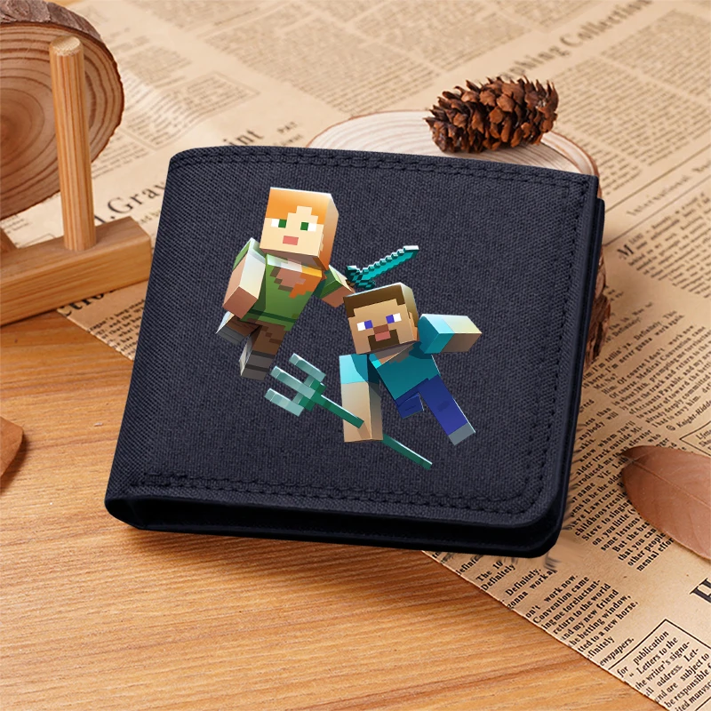 Carteira Masculina Fina de Lona com Estampa de Pixel de Mineração e Artesanato, Porta-Cartões, Bolsa Curta para Moedas, Carteira de Negócios, Presente de Desenho Animado