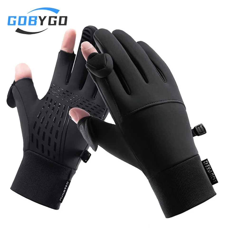 

GOBYGO 1Pair Winter Riding Gloves Outdoor Windproof Anti-slip Two Fingers Touch Screen Thickened Warm Cycling Climbing Gloves
