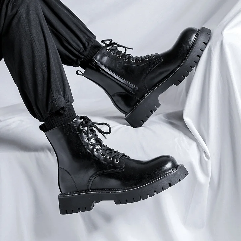 

men's casual platform boots black trendy genuine leather shoes party nightclub high motorcycle boot spring autumn long botas man