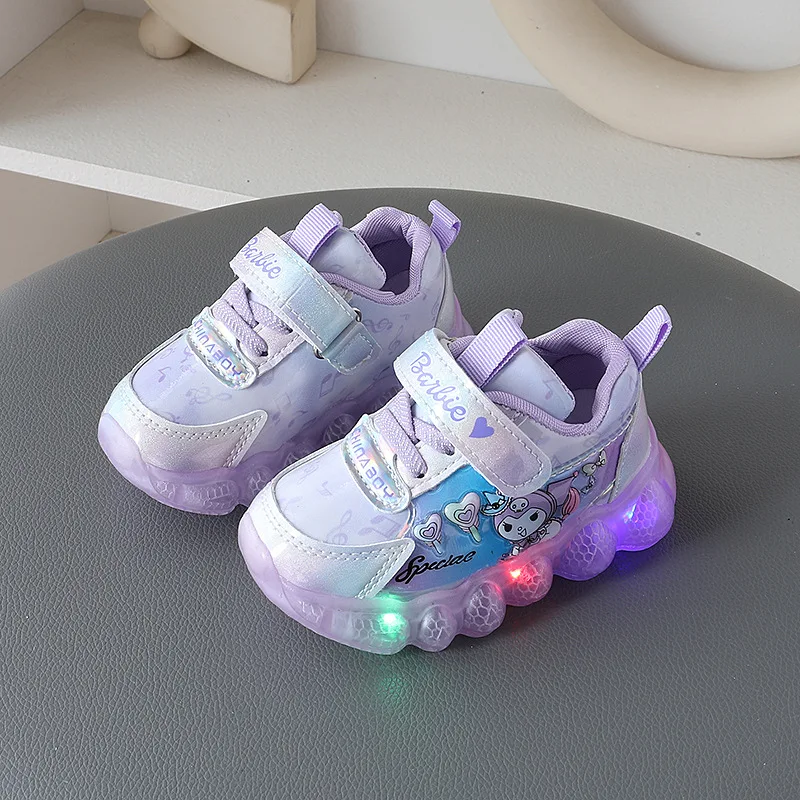 Girls Cartoon Kuromi LED Light Sports Shoes 2024 New Children\'s Anti Slip Soft Sole Cute Princess Casual Shoes Luminous Shoes