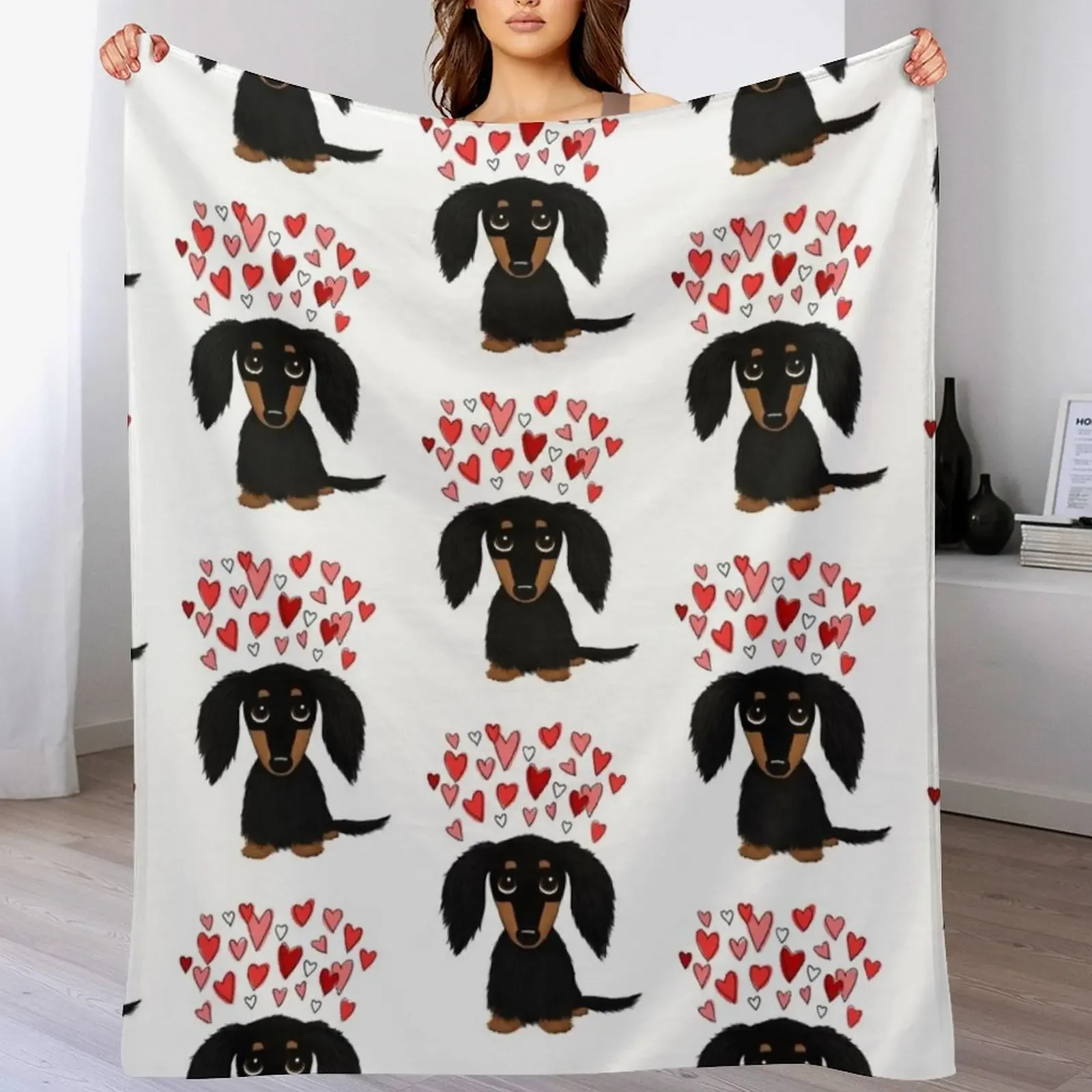 Black and Tan Longhaired Dachshund with Hearts Throw Blanket Luxury Designer Soft Plaid Hairys Blankets