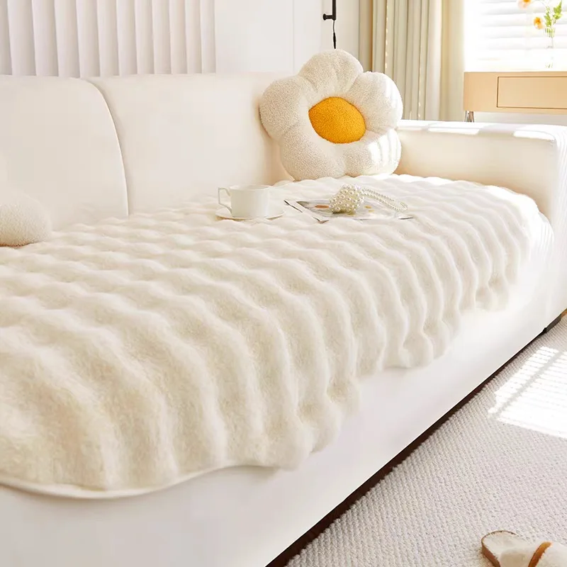 1pc Unique Shape Thicken Plush Immitation Fur Anti-Slip Sofa Cover, for Living Room Couch Seat Pad Furniture Decor Sofa Towel