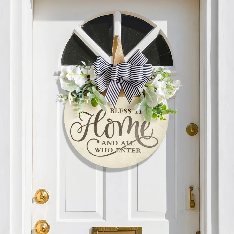 Farmhouse Round Welcome Sign Wooden Hanging Plaque for Garden Porch Yard Decor with Faux Flowers Bow Rustic Home Door Sign