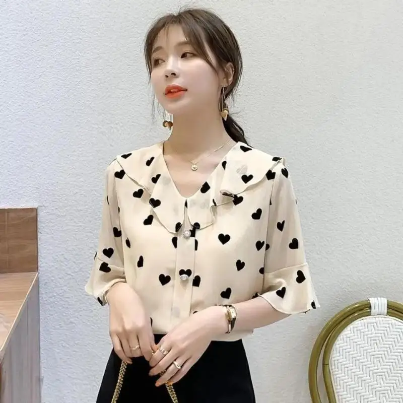 Women Summer Casual Loose Fashion printing Peter pan Collar short sleeve Chiffon Shirts women clothes elegant All-match top tee