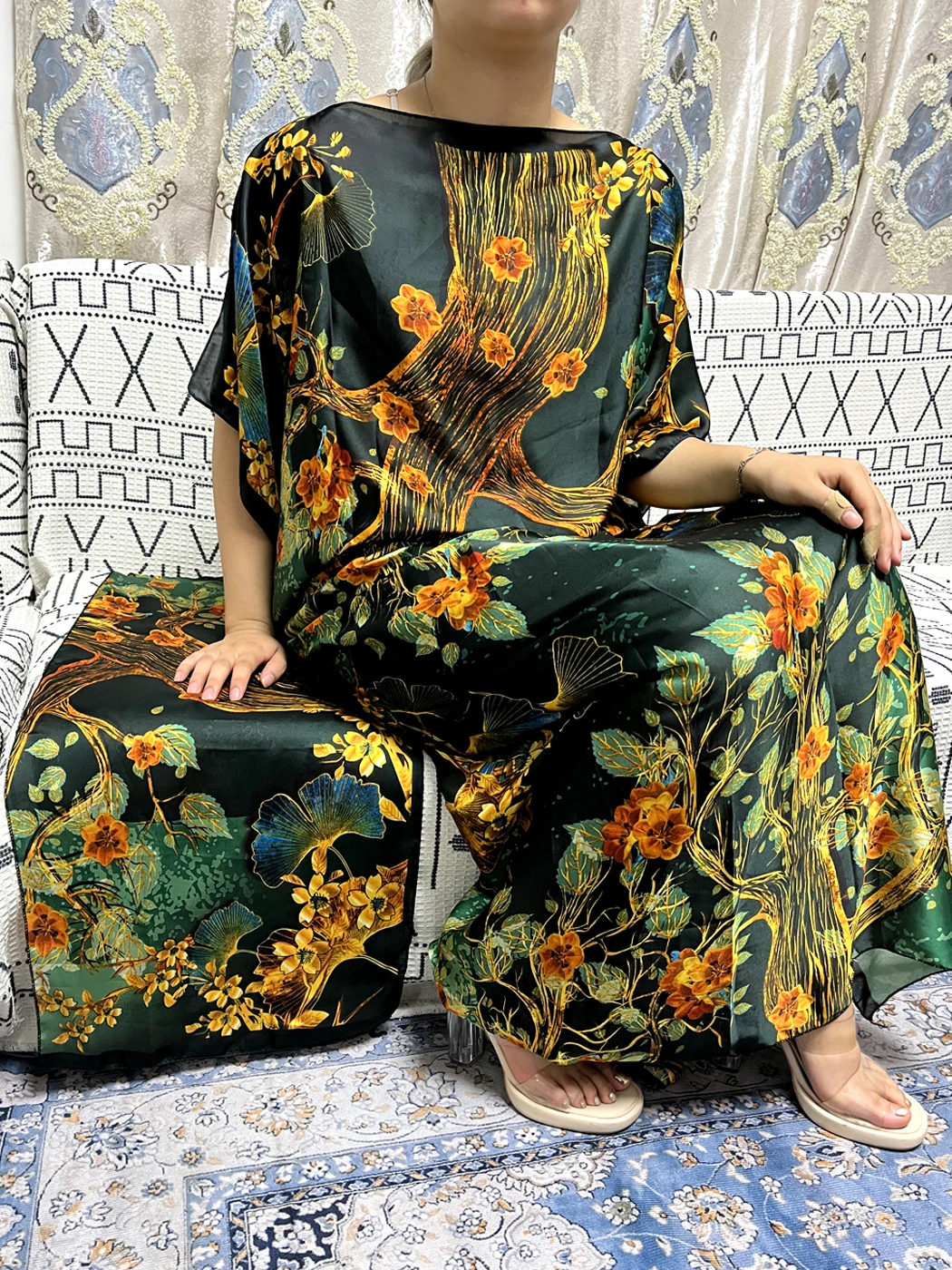 Muslim Silk Abayas For Women 2023 Summer Printed Leaf Pattern Loose Femme Robe African Nigeria Evening Patry Dresses With Turban