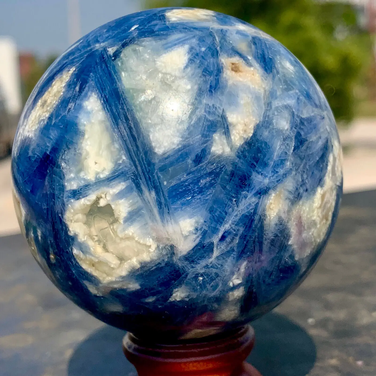 Natural Blue KYANITE with Quartz Crystal glossy sphere ball Specimen Reiki Healing