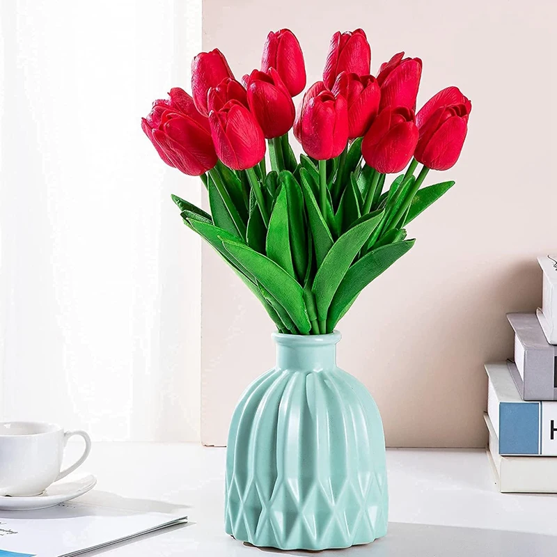 20Pcs Tulips Artificial Flowers Real Contact Feel Red Tulips For Party Home Wedding Decoration(Red)