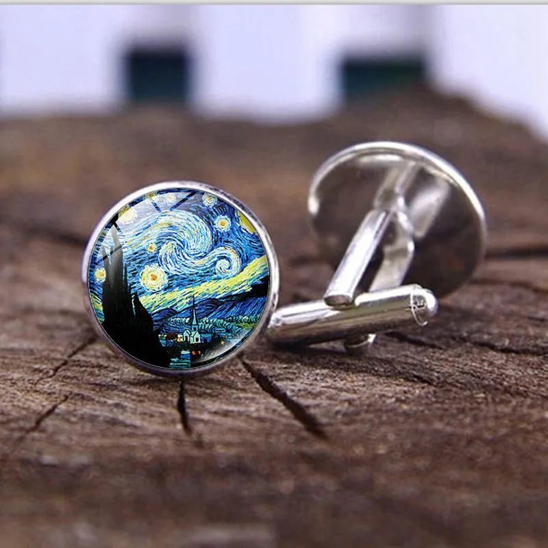 Van Gogh Oil Painting Glass Alloy Cufflinks Starry Night Sunflower Set Cufflinks Men\'s Shirt Cuff Nails Button Accessories