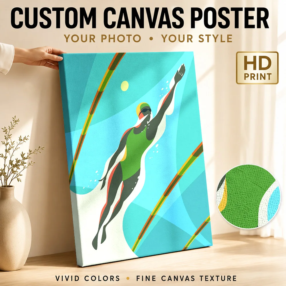 Swimmer in Green Swimsuit Canvas Painting Poster Custom Photo Sports Portrait Canvas Wall Art for Man Cave Decor Ready to Hang