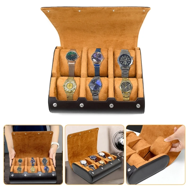 Men Leather Watch Box Organizer 6-Bit Watch Pouch Bag Organizer Box Easy Carry to Travel Watch Storage Pouch Jewelry Box image 2