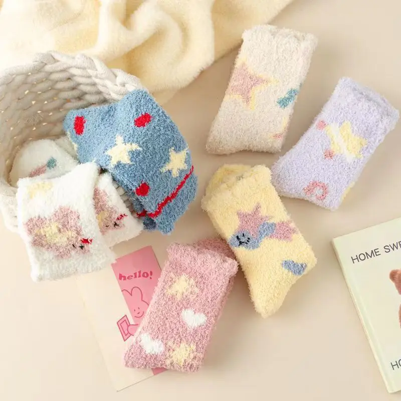 

5 Pairs Women's Socks Set Korean New Sweet Cute Cartoon Comfortable Mid Tube Floor Kawaii Plush Thickened Warm Socks For Girls