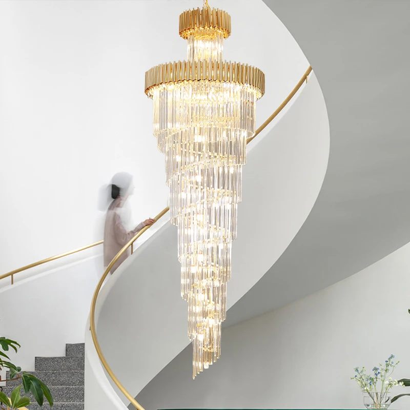 Duplex villa large chandelier postmodern minimalist crystal living room Nordic hollow hall staircase light long chandelier