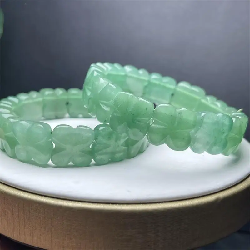 Natural Green Aventurine Lucky Clover Bangle Crystal Yoga Reiki Healing Stretch Female Holiday Gift 1PCS 14x14mm