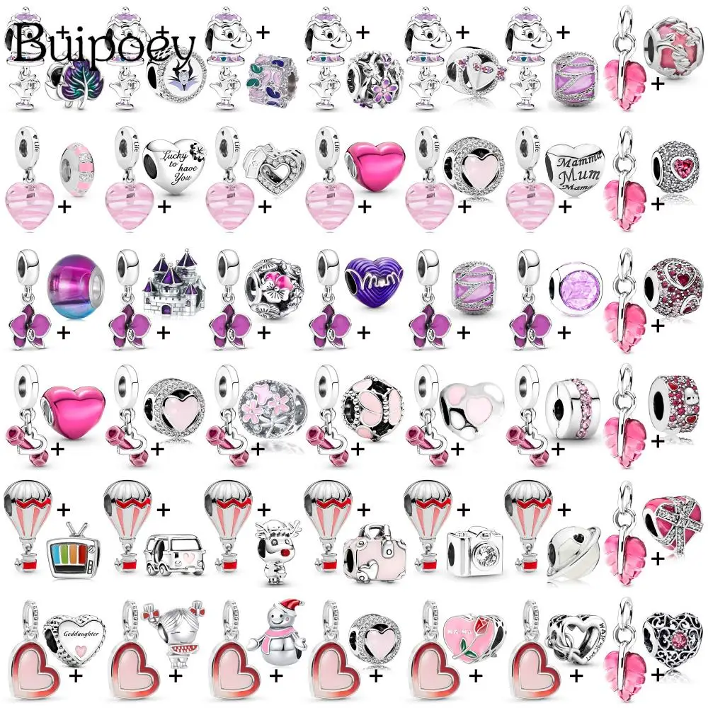 Buipoey 2pcs/lot Pink Heart Glass Charm Flower Butterfly Snowman Beaded Dumbbell Heart Leaf Pendant DIY Beacelets Accessory Gift