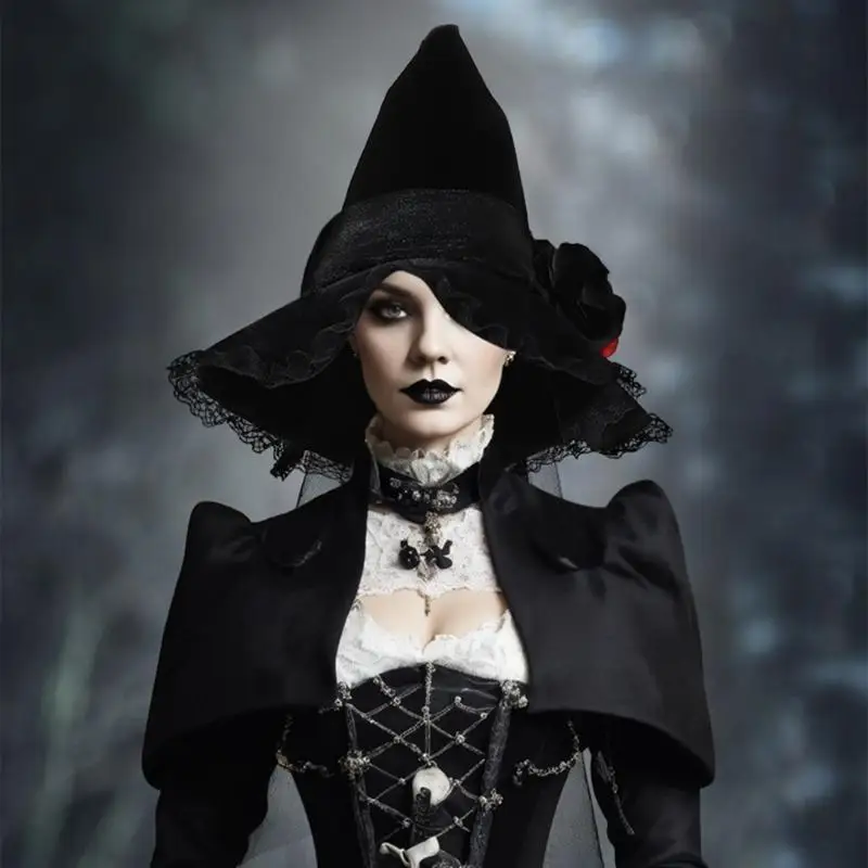 

39BB Black Witch Hat for Halloween Party Baroque Pleated Wizard Hat Cosplay Costume Headwear Masquerades Carnivals Party Hat