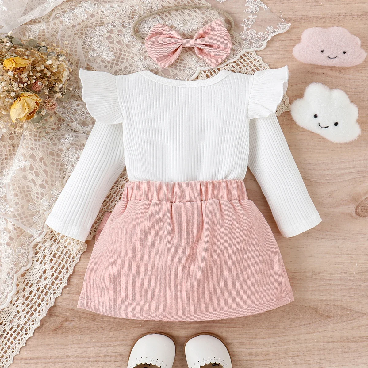 PatPat 3pcs Baby Girl 95% Cotton Ribbed Ruffle Long-sleeve Top and Bow Front Skirt & Headband Set Basic Style Comfortable