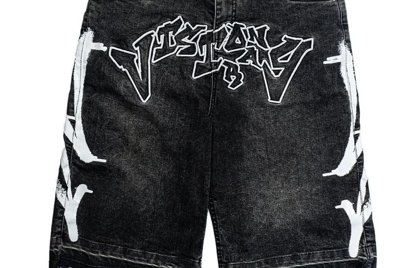 Neue Harajuku Brief Stickerei Schwarze Jeans für Männer Hip Hop Vintage Baggy Shorts für Männer Casual Gym Denim Shorts Streetwear