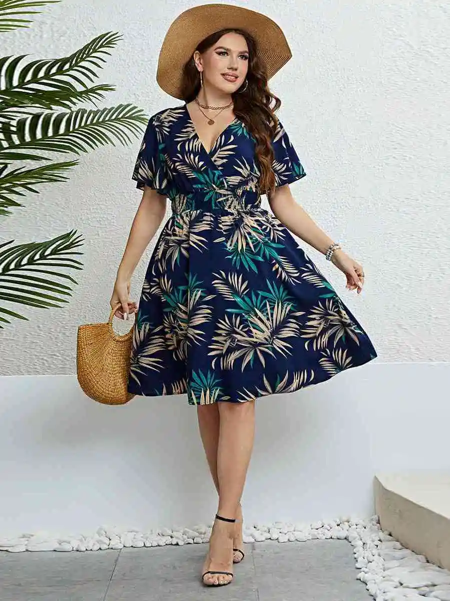 

Slimming plus Size Women's Summer V-Ne Dr High Waist A-Line Midi Dr Commute Sle ort Sve Paint Splatter Fabric