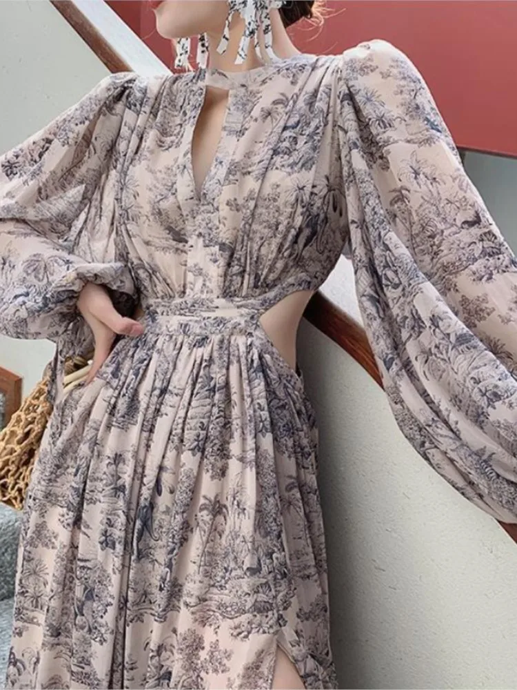 

Vintage Beach Floral Maxi Dress Women Elegant Hollow Out Korean Holiday Split Dress Female Casual Long Sleeve Fairy Party Dress