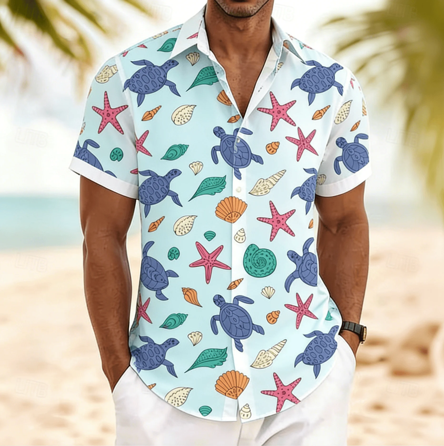 

Men's Sea Turtle Starfish Shell Print Short Sleeve Shirt, Spring Summer Fresh Ocean Hawaiian Vacation Blouse, Loose Casual Top