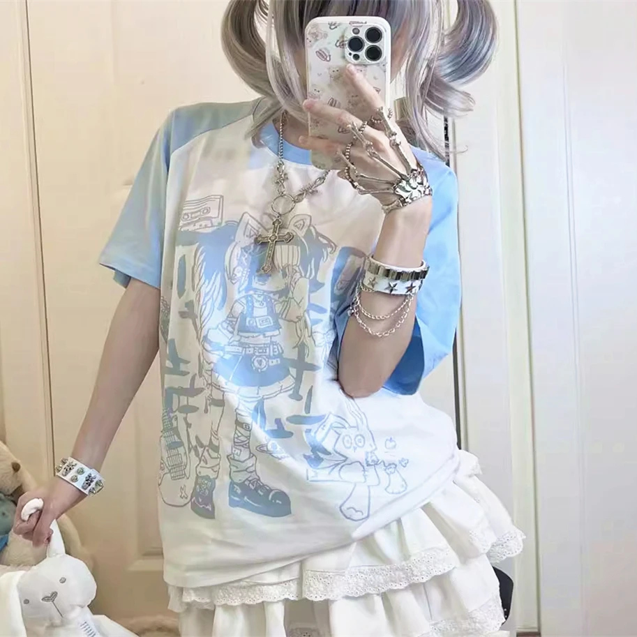 Magliette giapponesi in cotone Anime Kawaii Grunge Cute Cartoon Kanji Comics magliette grafiche magliette oversize allentate E-girls top Kpop