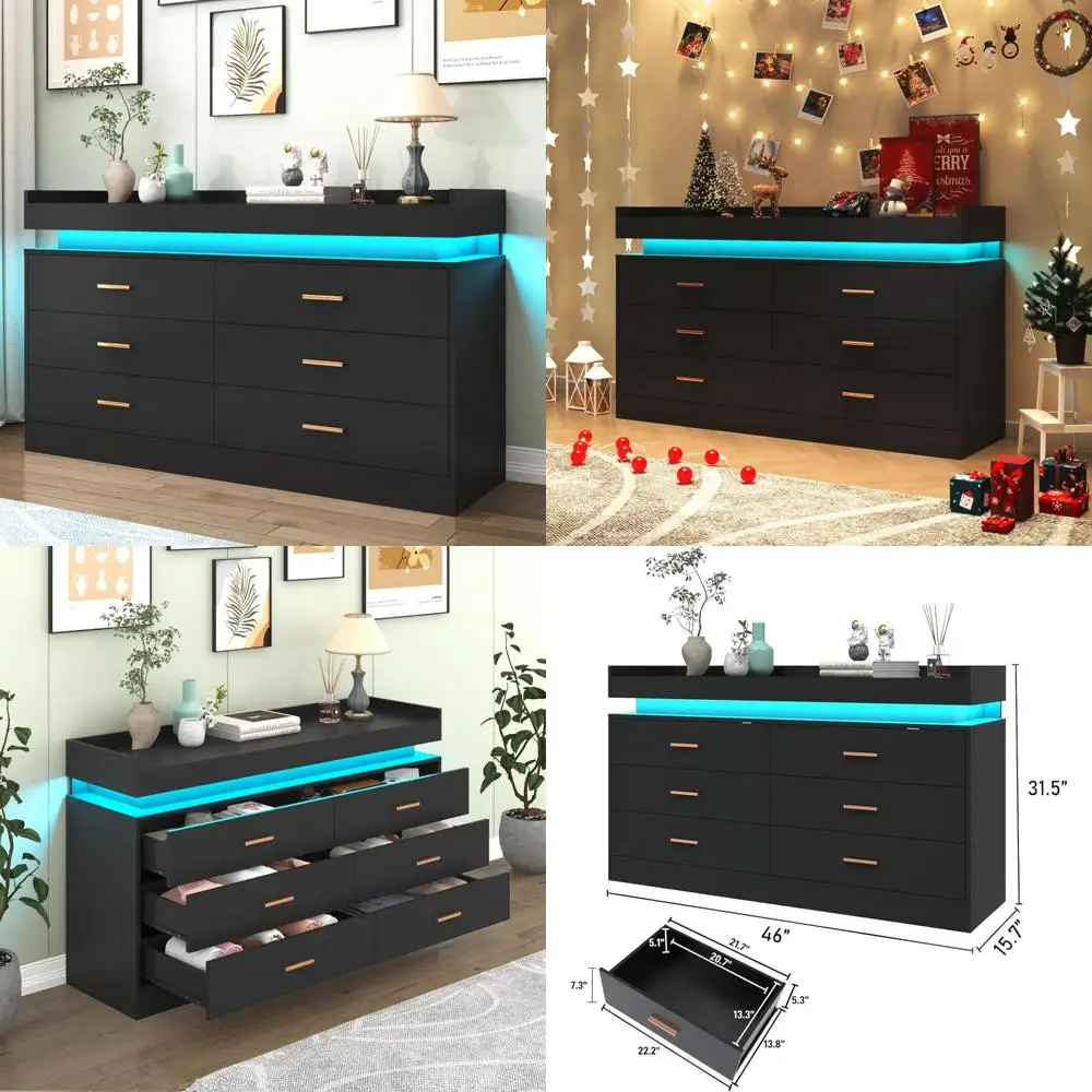 خزانة ملابس مضيئة ذات 6 أدراج مع محطة شحن لتخزين الخزانة الحديثة