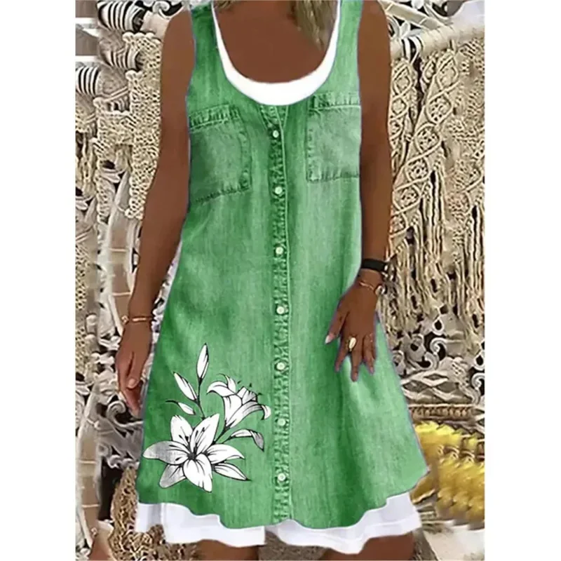 Новинка 2023 года для женщин, летнее платье без рукавов с искусственным принтом, свободные повседневные платья из двух предметов, женские праздничные платья с круглым вырезом, PartBear House 002