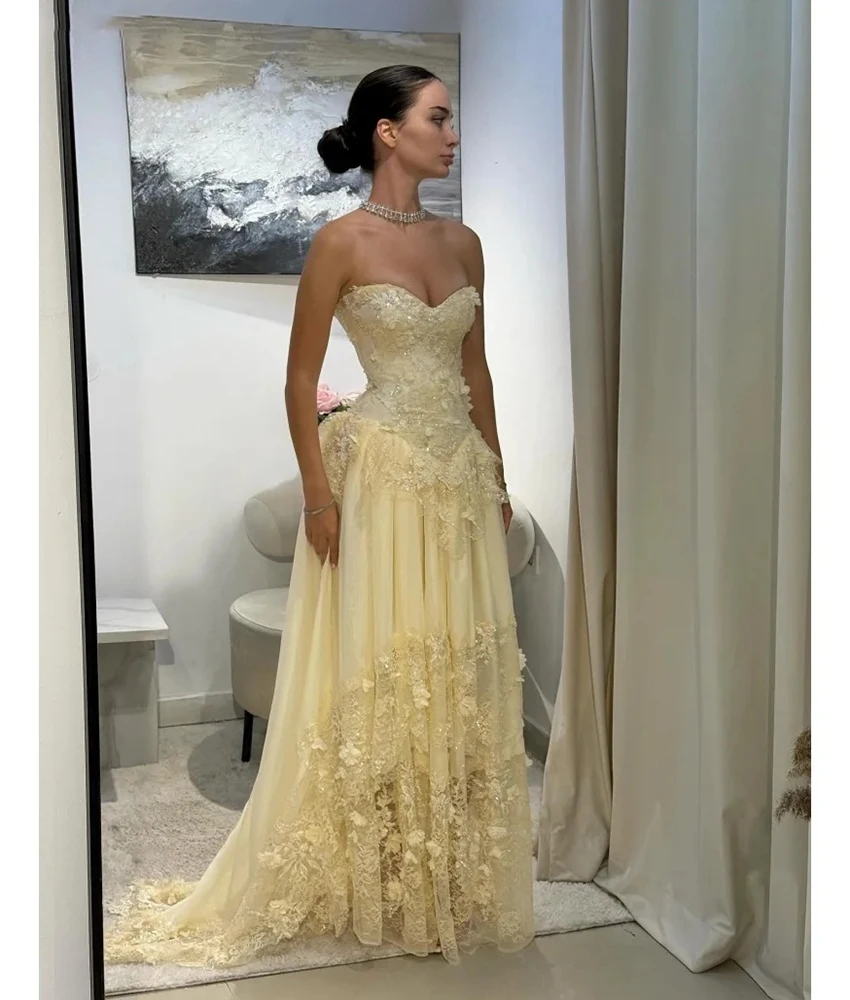 

Customized Exquisite Lace A-Line Appliques Sequined Beading Evening Dress Temperament Sweetheart Sleeveless Women Wedding Gowns