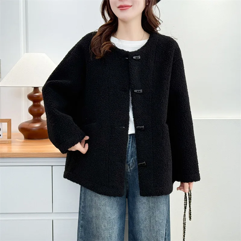 Autumn Winter Faux Lamb Wool Jacket For Women Round Neck Simple Splicing Thick Jackets French Casual Fashion Warm Overcoat 3