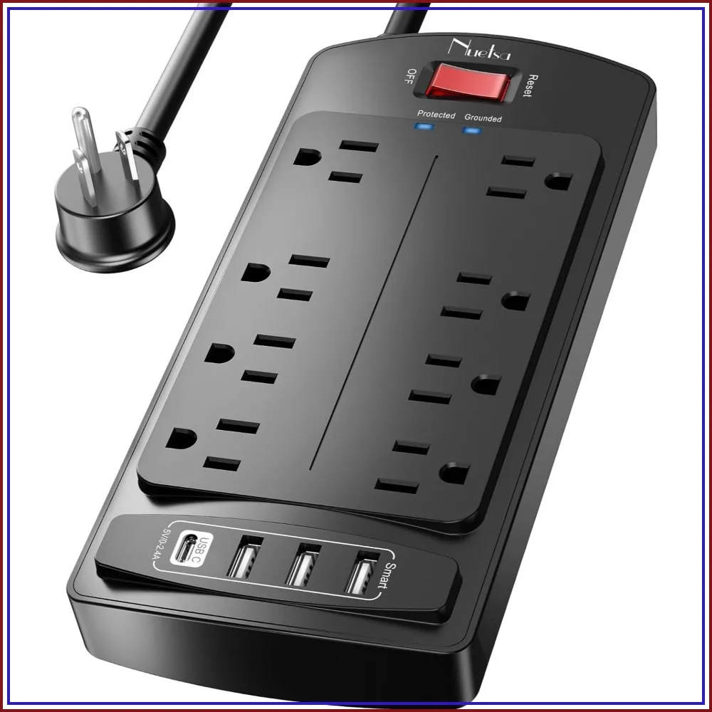 

10FT Surge Protector Power Strip, 8 Outlets 4 USB Ports, Flat Plug, 2700J, ETL, for Home Office Dorm