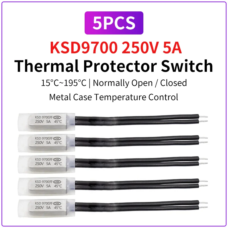 KSD9700 250V 5A Thermal Protector Switch 15°C–195°C Normally Open/Closed Bimetal Temperature Control Thermostat 5PCS