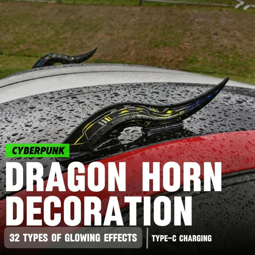 

1Pair Universal Dragon Horn Car Roof Decoration Fins, 32 LED Light Modes, Touch Control Dimmable, 1500mAh Type-C Rechargeable