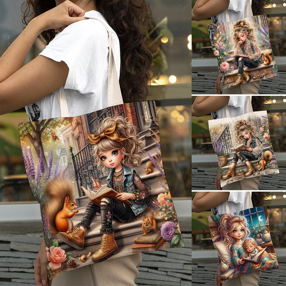 

Cartoon Flower Girl and Squirrel Big Capacity Shopping Bag Eco Casual Women Shopper Bags Double Print Lady Tote Shoulder Handbag