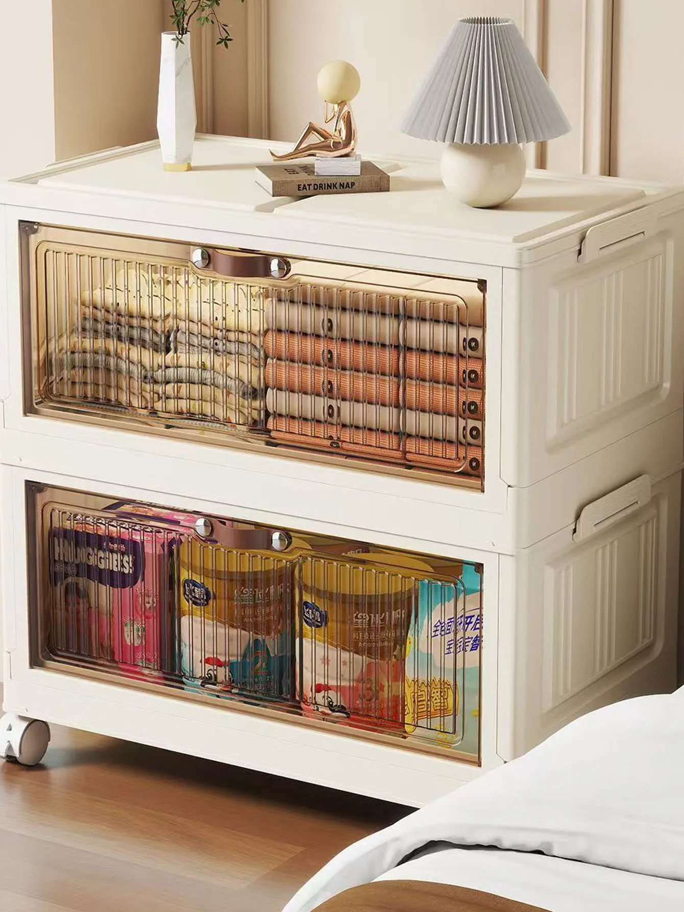 Foldable Multi-layer Plastic Storage Cabinet for Home Living Room No Installation Needed Snack Toy Organizer with Flip Cover