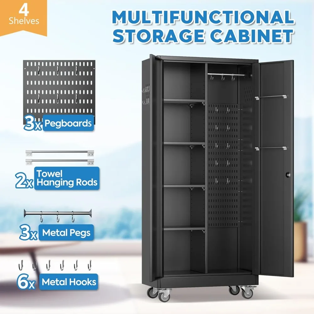 Metal Locker Garage Storage Cabinet with Wheels, Metal Storage Cabinet with Lockable Doors and 4 Adjustable Shelves