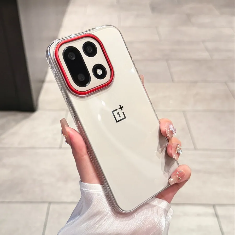 

Luxury HD Transparent Shockproof Case For OnePlus 15 1+13 13T 1+15 Red Metal Camera Lens Ring Non-slip Hard Acrylic Back Cover