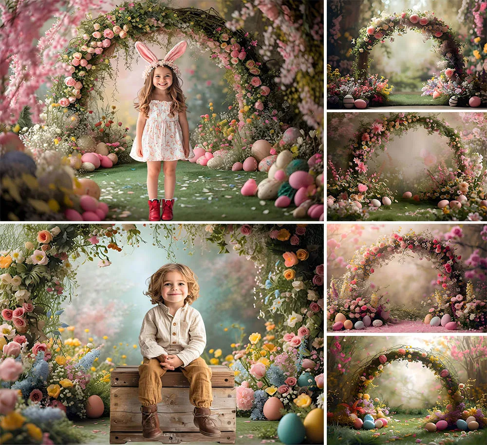 

Mehofond Spring Easter Decoration 2024 Background for Photography Kids Birthday Party Rabbits Eggs Arch Door Flower Backdrops