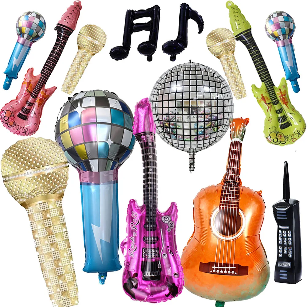 Balões de Festa com Tema Musical: Balões de Guitarra, Bola de Discoteca, Notas Musicais, Balão de Microfone para Decorações de Aniversário e Casamento