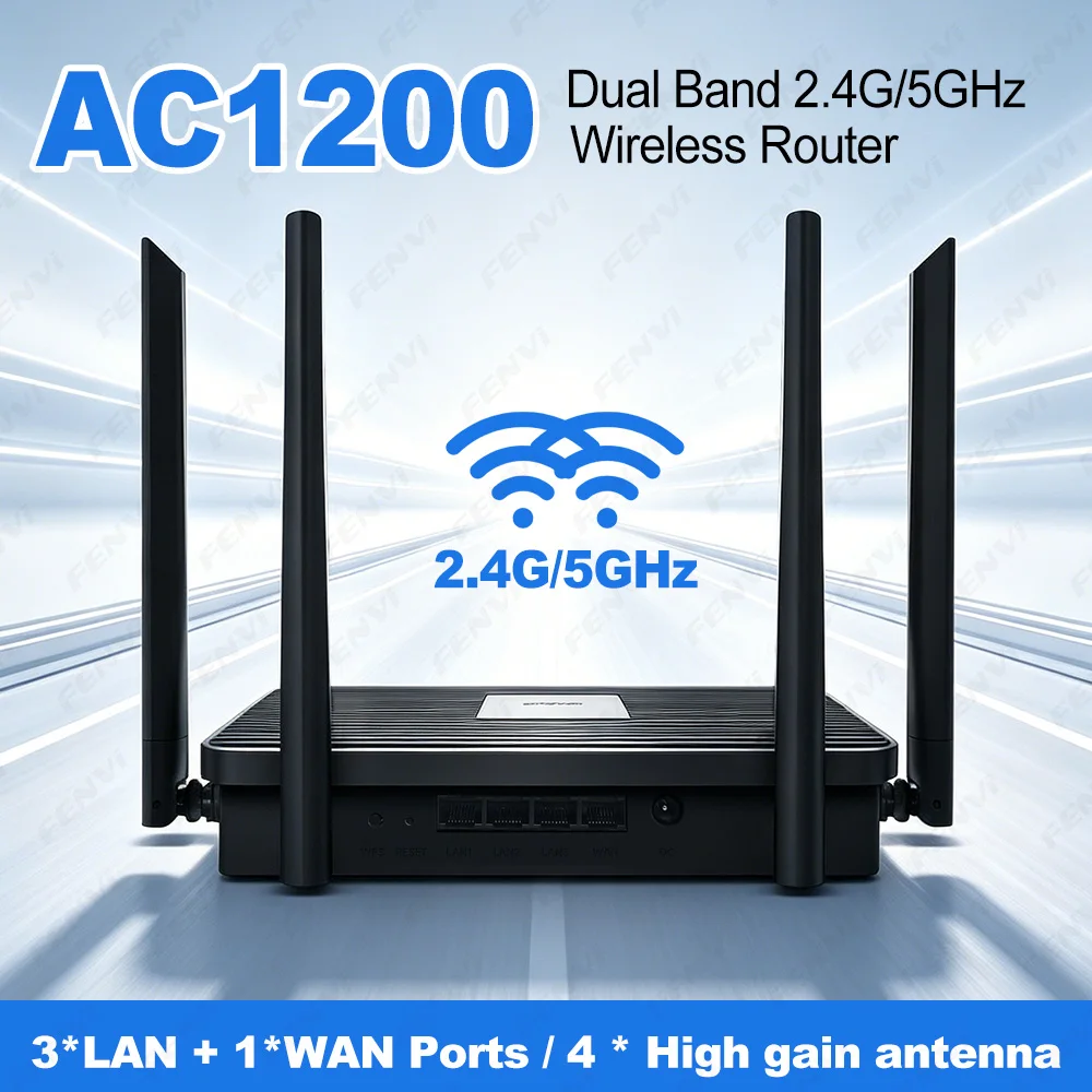 AC1200 Dual Band WiFi Router 2.4G/5GHz 1200Mbps Wireless Router with 4 High Gain Antennas MU-MIMO 3 LAN 1 WAN for Home Office