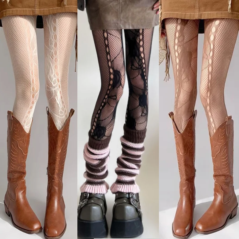 Y2K Cute Gothic Style Chosen Thigh High Stocking Women's Rose Flower Hollow Anti-Slipping Falling Fishnet Lingerie Pantyhose