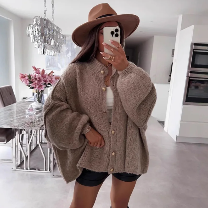 

Women Knitting Cardigan 2025 Autumn Winter Plus Size Cardigan Solid Color Chunky Knit Oversized Crew Neck Casual Warm Sweater