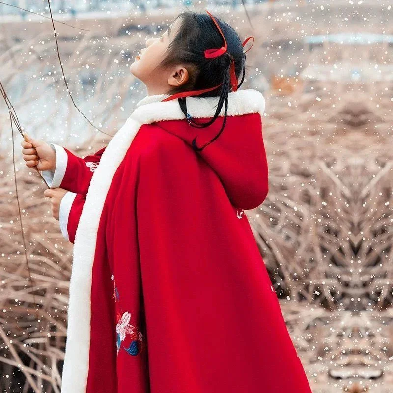 Girl Modern Hanfu Children Cloack New Year Clothing Warm Thicken Costume Fall Winter Chinese Style Coat Winter Princess Cosplay