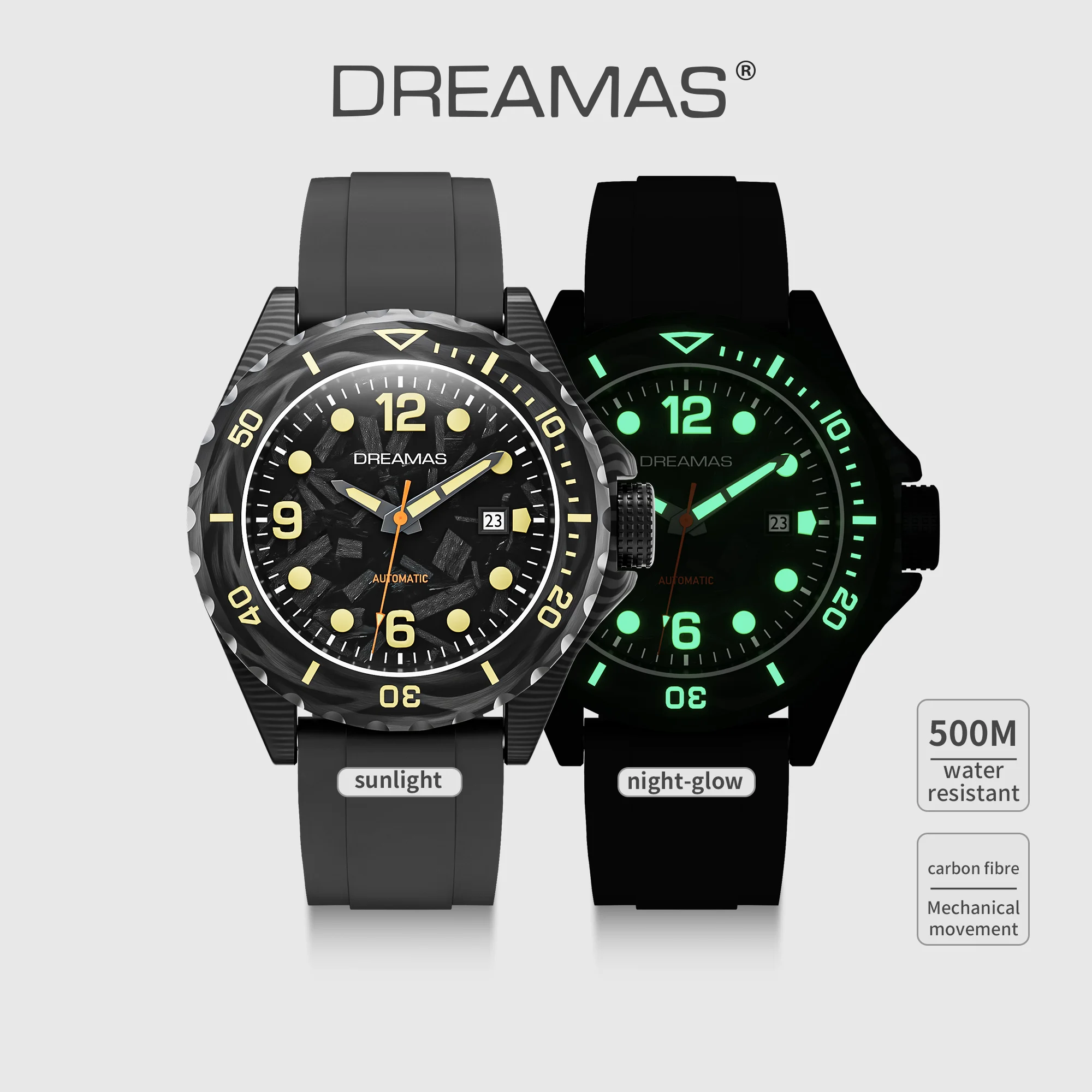 DREAMAS Herren-Taucheruhr aus Kohlefaser, automatische mechanische Taucheruhr, 500 m wasserdicht, Schweizer 3D-Leucht-Sport-Armbanduhr – Detail 2