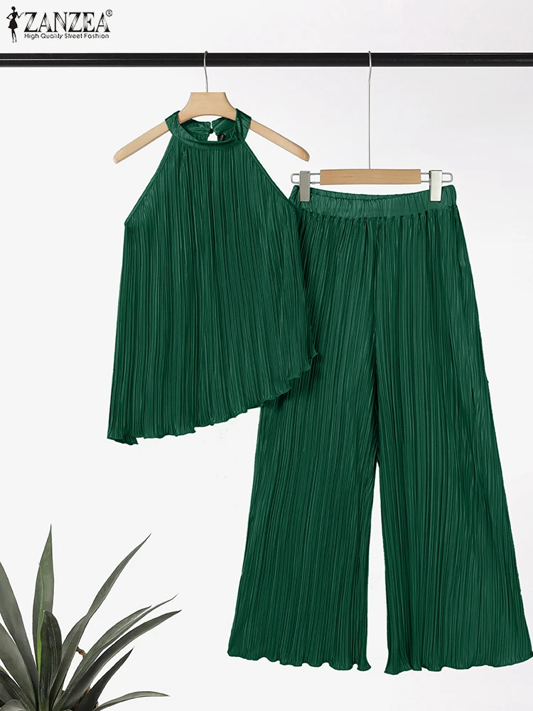 

ZANZEA женские плиссированные комплекты брюк, модные топы без рукавов с лямкой на шее, широкие брюки, комплект из 2 предметов, уличная одежда