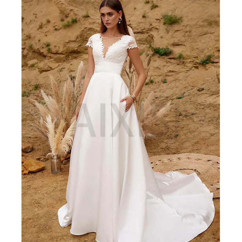 

Jasmine Wedding Dress Pocket Illusion V Neck Short Sleeve Cut-Out Robe De Mariage Appliques A-LineSimple Luxury Bride Gown