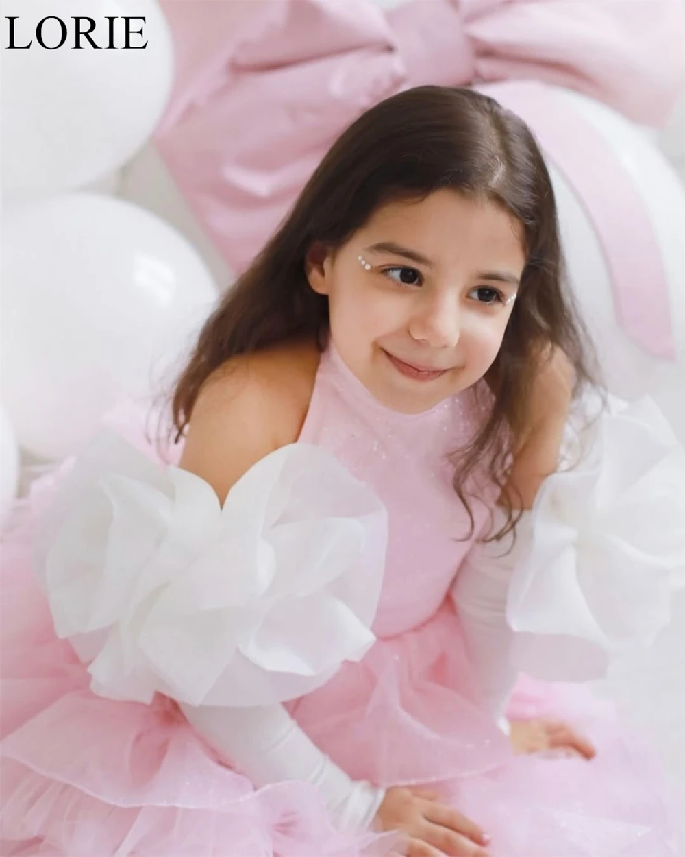 LORIE Glitter Pink Flower Girl Dress A-Line High Neck Pleated Ruffles Bow Wedding Party Dress Princess Birthday Dress Customized