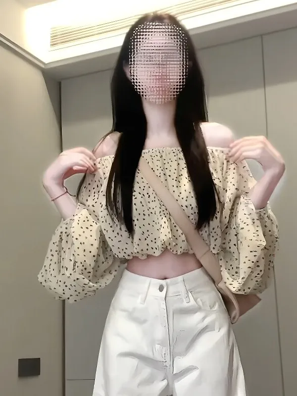 

Ретро-американская женская рубашка в горошек с рукавами-фонариками на одно плечо, приталенная, укороченная, с длинным рукавом, элегантный стиль, весна-лето